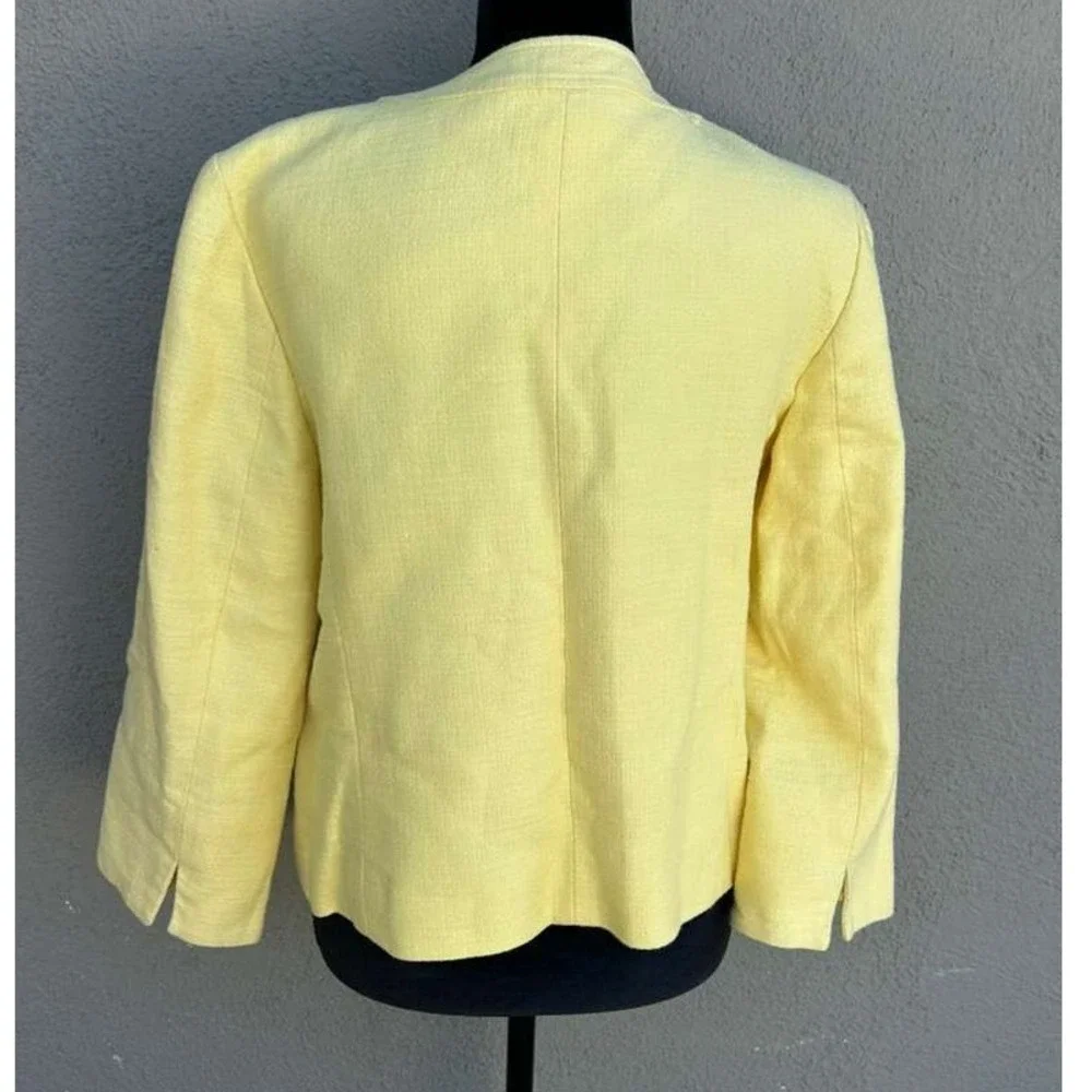 Talbots Petites Yellow Textured Button‎ Front Blazer Jacket 12P Solid Round Neck